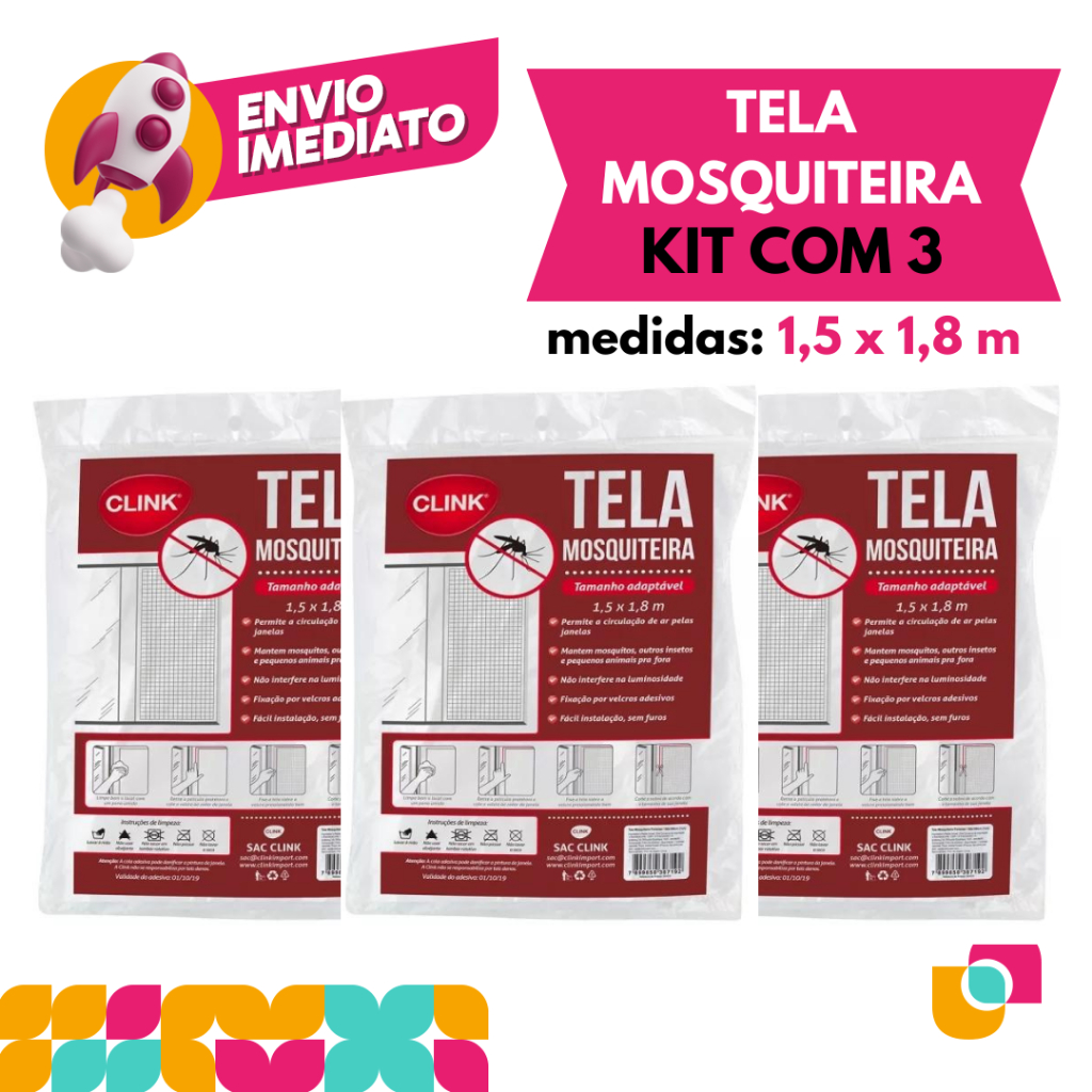 Kit 03 Tela Mosqueteiro Protetora Janela Anti-insetos Pernilongo Adesivo Rede Ajustável 1,80