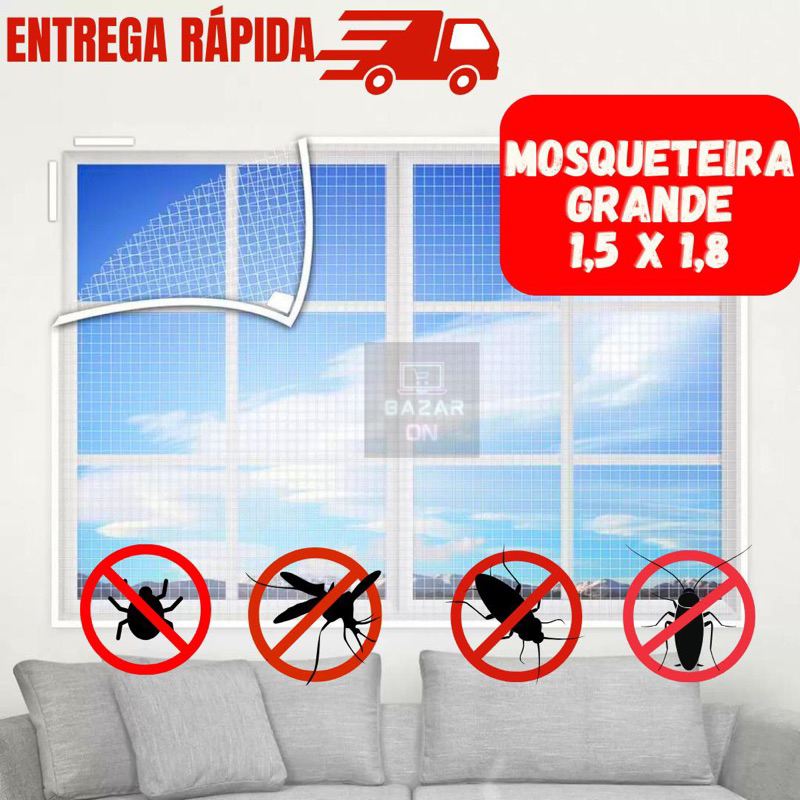 Tela Mosqueteiro/Mosqueteira 180x150 Para Janelas Anti Pernilongo Insetos Mosquito Barata