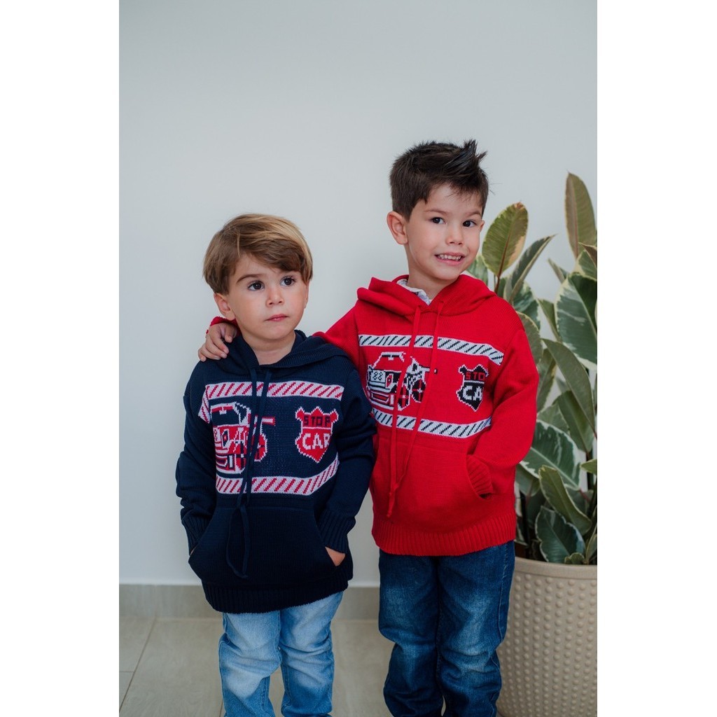 Blusa de Tricot Suéter Infantil Stop Car Com Capuz Manga Longa e Bolso Canguru