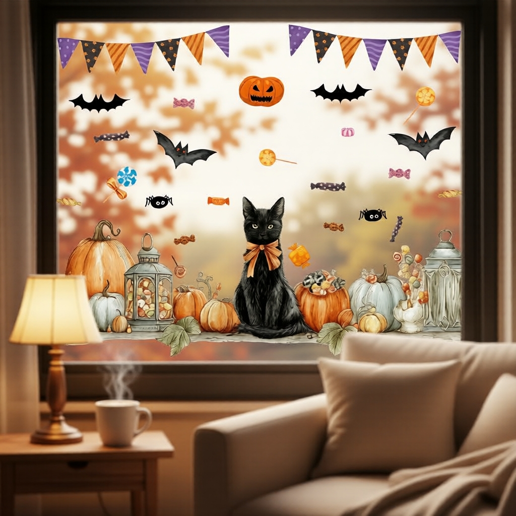 Decal Adesivo Estático de Gato Preto de Halloween com Abóbora 30x60cm, Morcegos e Aranhas, Sem Adesivo