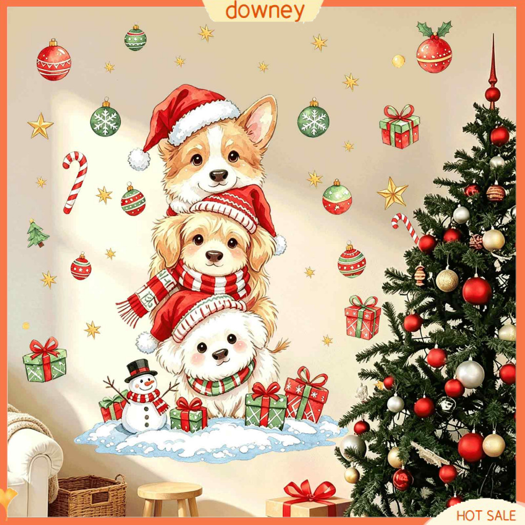 Christmas Wall Decals Watercolor Stacked Dogs Self-adhesive Pvc Xmas Puppy Stickers Holiday Home Decor for Bedroom Room