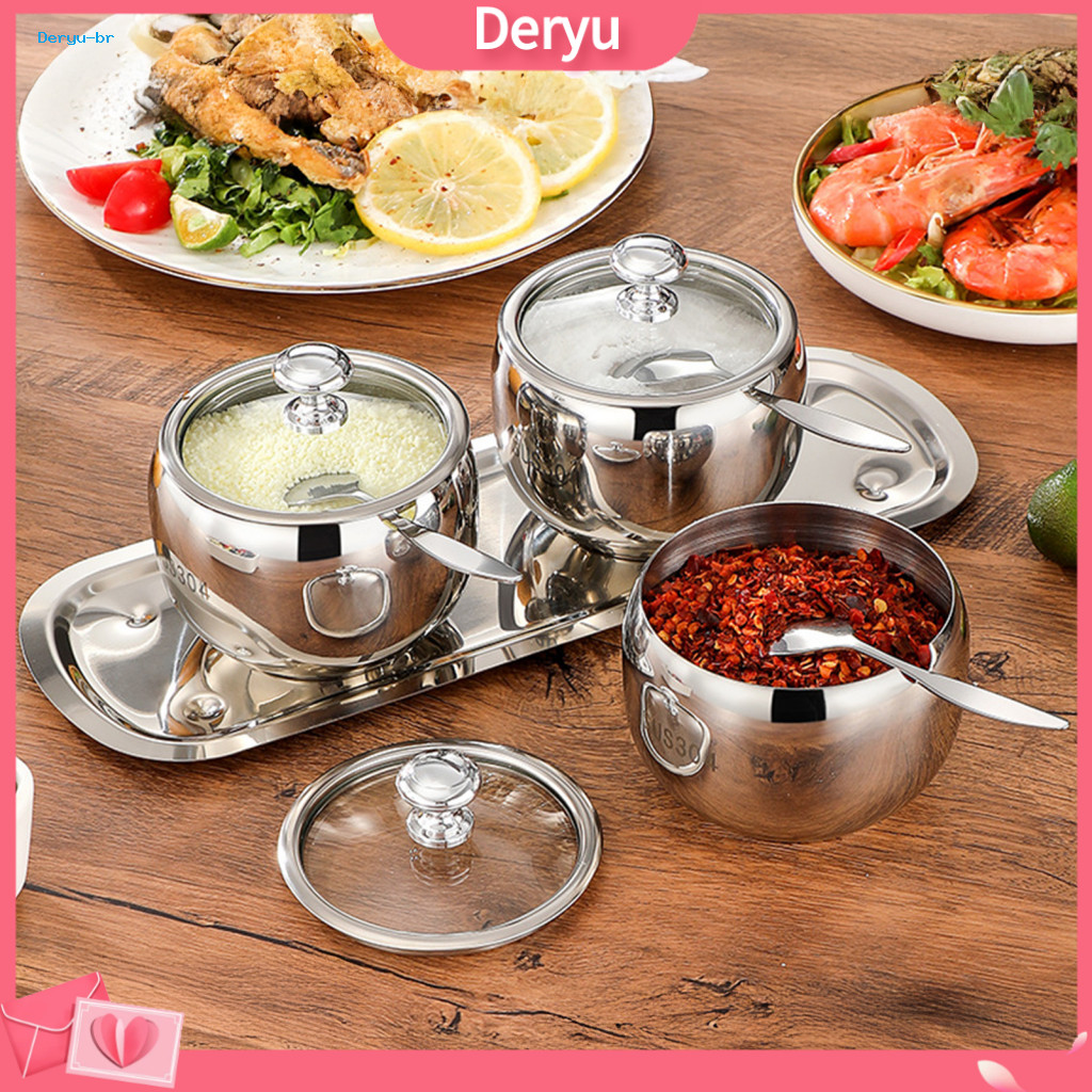 Spice Containers with Spoons Food Grade Seasoning Pots 304 Stainless Steel Jar Set Glass Lids Kitchen for Salt Sugar for