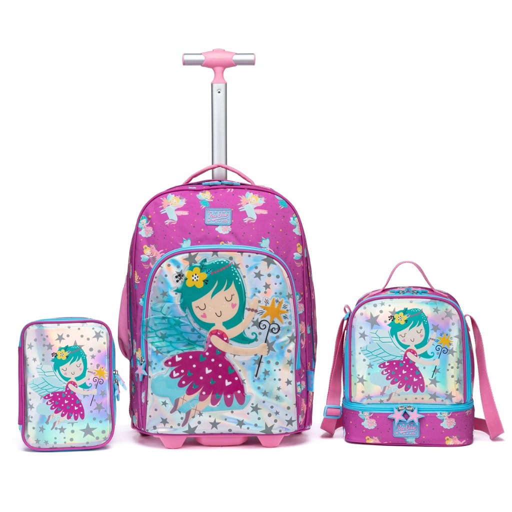 Kit Mochila Rodinha Fada Feminina Infantil Escolar Lancheira Térmica Estojo Organizador