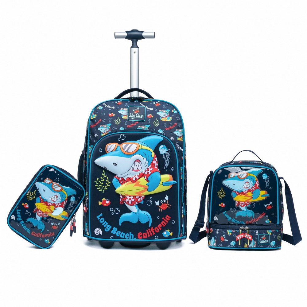 Kit Mochila Rodinha Tubarão Masculina Menino Infantil Escolar Lancheira Térmica Estojo Organizador