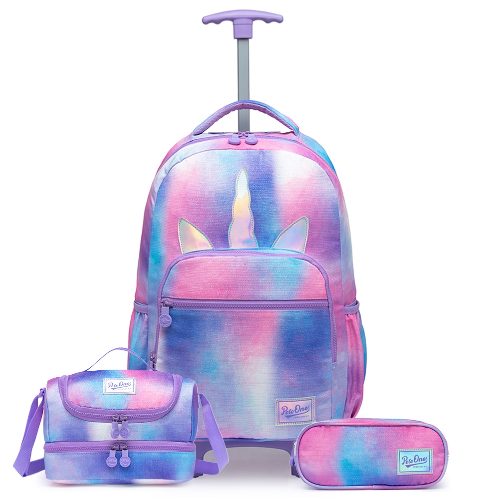 Kit Mochila Rodinhas Unicórnio Infantil Juvenil Menina Lancheira Térmica Estojo