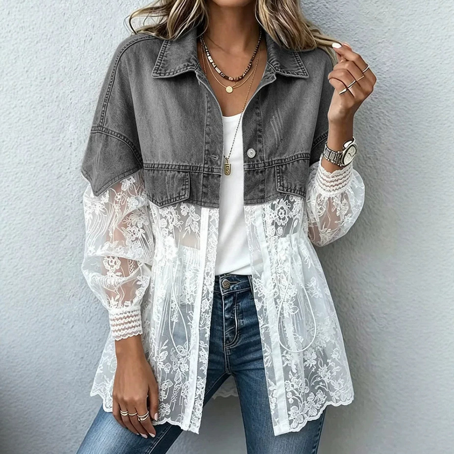 Blusa Feminina Elegante de Manga Curta com Renda e Detalhes em Jeans, Design de Cores Contrastantes, Nova Moda Primavera