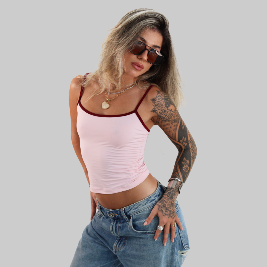 TOP DE ALÇA BERSHKA CROPPED BÁSICO FEMININO ALÇAS DUAS CORES CONTRASTANTE COPA BRASIL AITONA