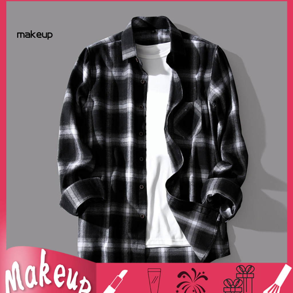 [Mk] Camisa Masculina De Primavera Com Estampa Xadrez , Mangas Compridas , Cores Contrastantes , Gola Virada Para Baixo