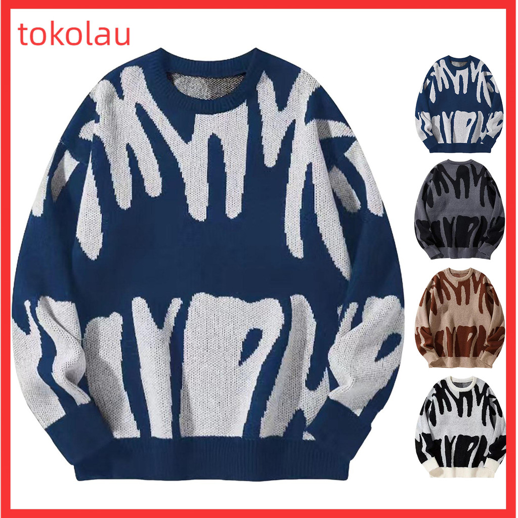 Suéter Feminino Com Gola Redonda , Manga Comprida , Cor Contrastante , Tricô , Ajuste Solto , Estampado ,