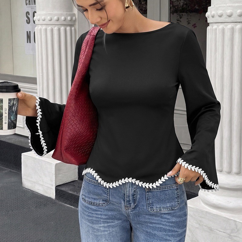 Camisa Feminina Cortada Em Cores Contrastantes , Gravata Com Gola Canoa , Cintura Apertada , Mangas Largas Evasê , De Ma