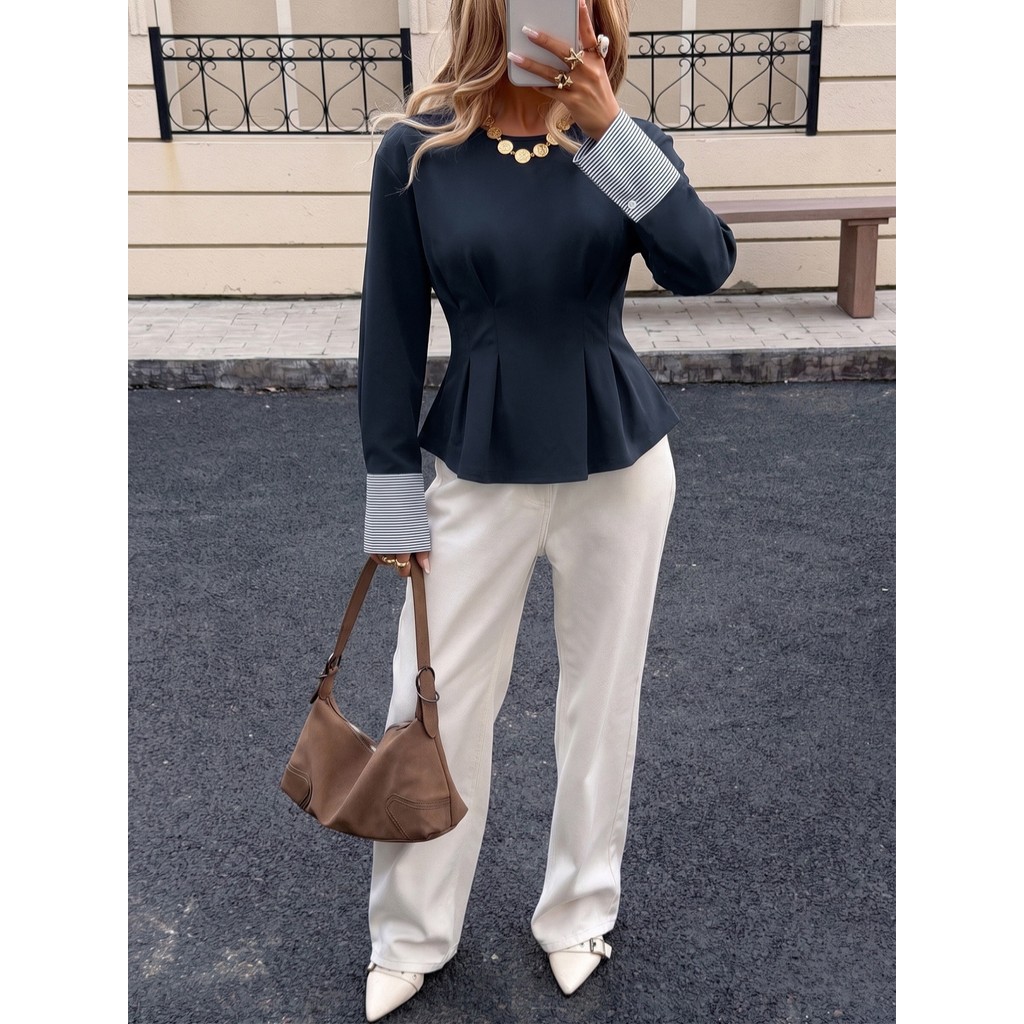 Cor Contrastante Simples Feminina Cortada , Camisa Plissada De Manga Comprida slim fit , Moletom Falso De Duas Peças Com