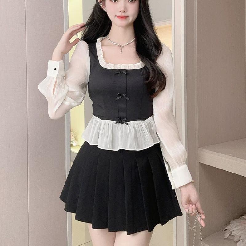 [Novo produto do mês atual] Camisa curta francesa de cintura estreita, gola quadrada, cor contrastante, feminina, balanç