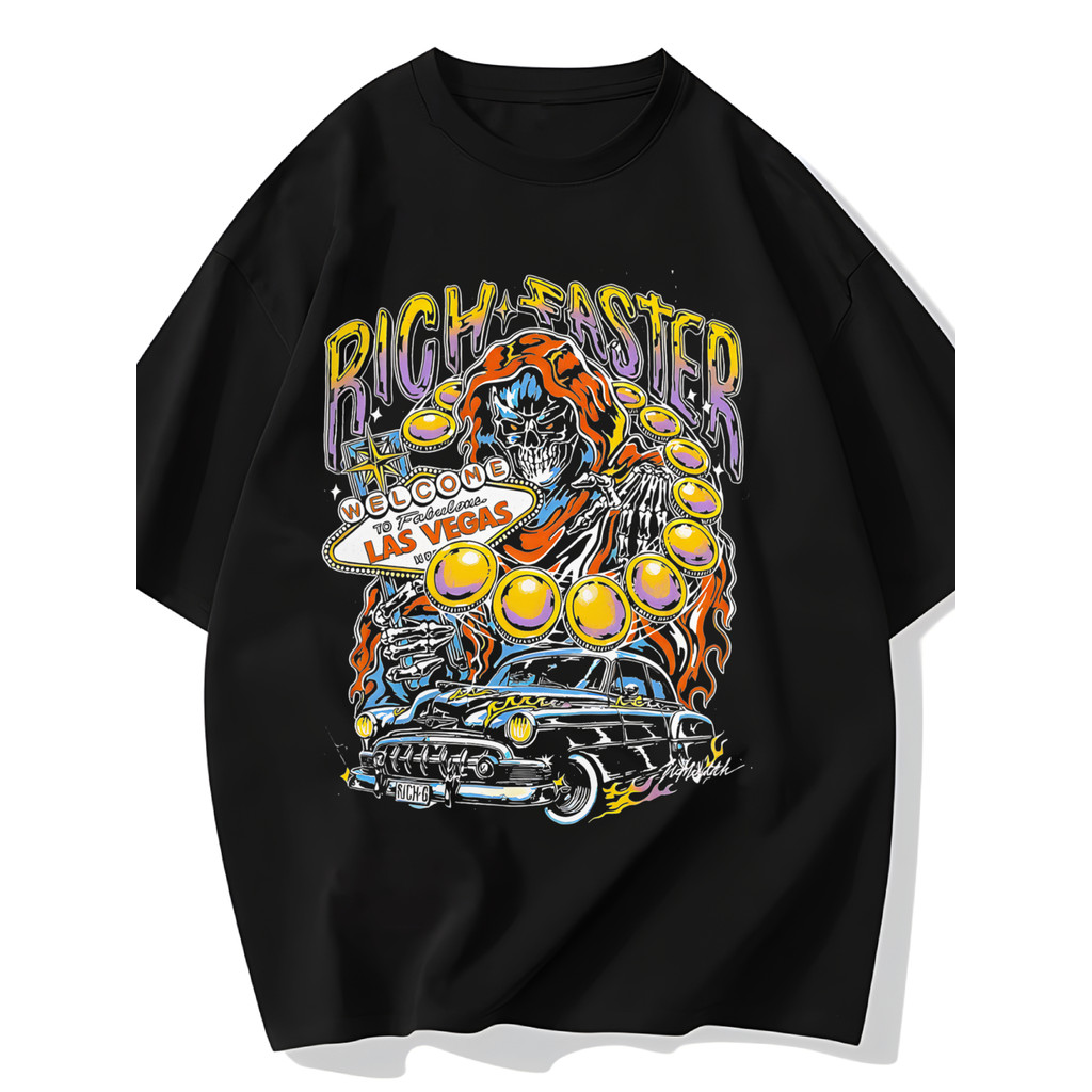 Camiseta Masculina Rich Faster Las Vegas Carro Flame Streetwear 2025 Novo