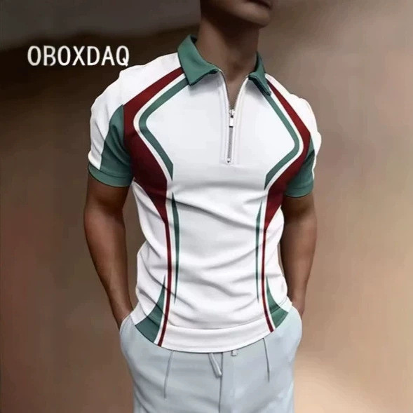 Camisa Polo Masculina Verão Manga Curta Flip Tie Zíper , Esportiva De Golfe Moda Clássica Listra Impressão