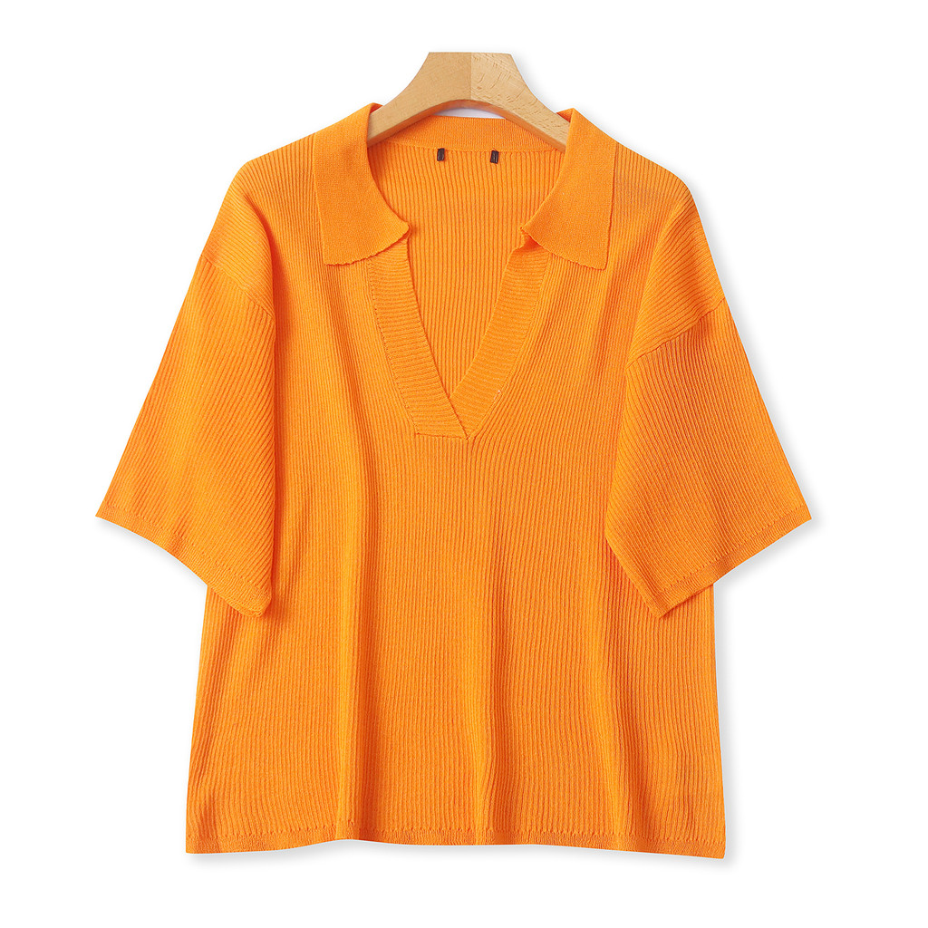 Camiseta de malha verão novo comércio exterior moda feminina Flip + decote em V manga curta pulôver cor sólida estiramen