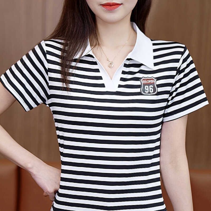 Camiseta listrada de manga curta qualidade camisa POLO Plus Size moda ocidental feminina All-Match Flip camiseta verão c