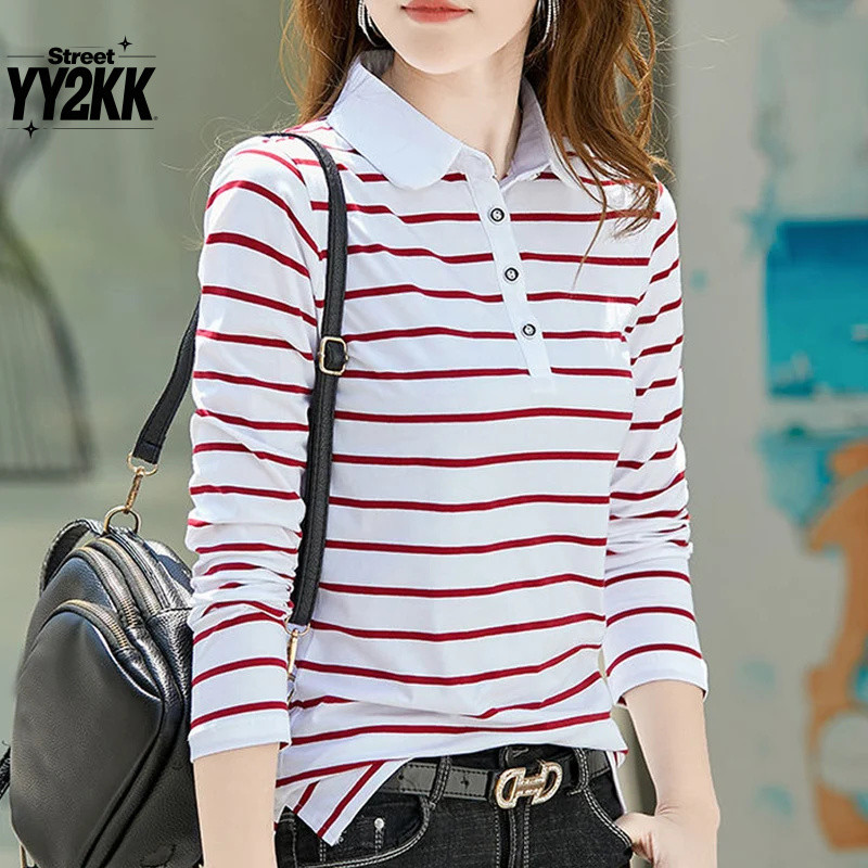 Camiseta Listrada Com Gola flip Para Mulheres , Nova Camisa polo Elegante De Manga Comprida Primavera E Outono De Algodã
