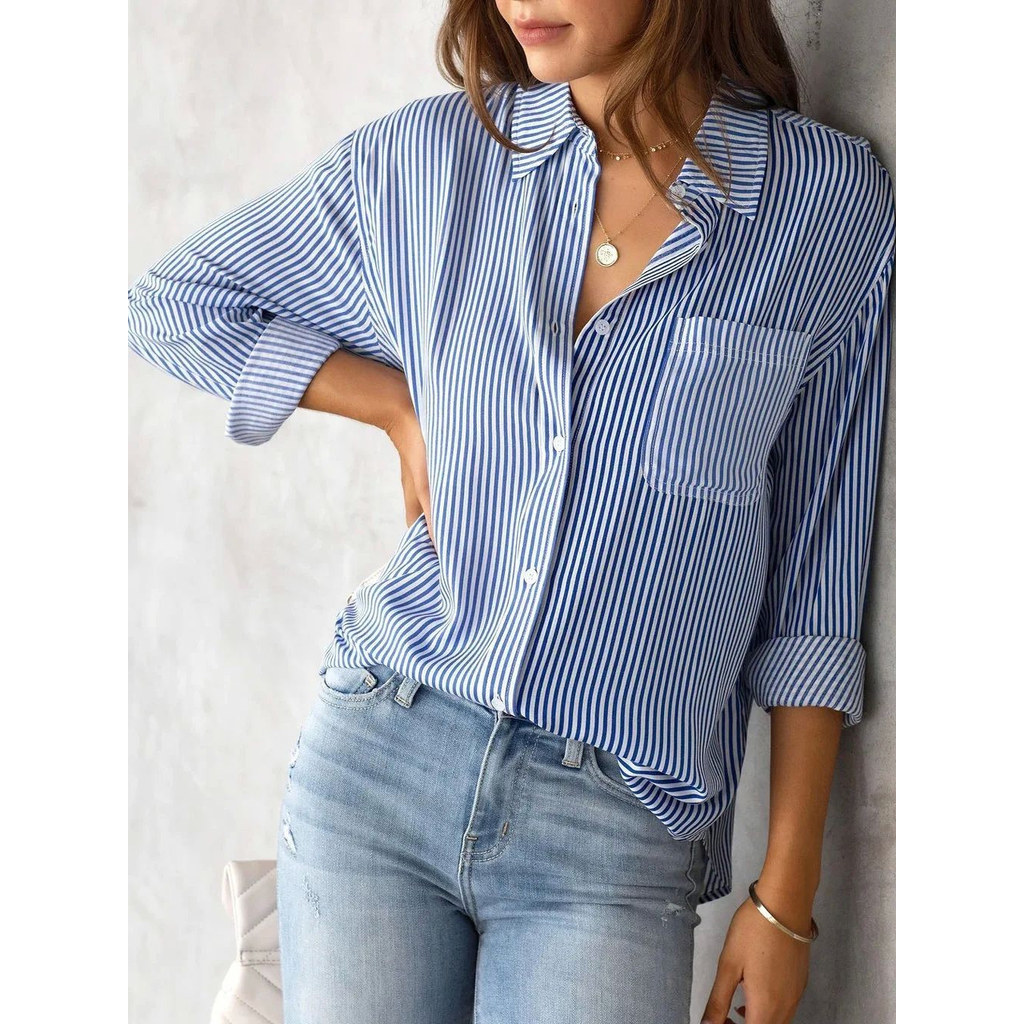 Camisa casual Com Gola Flip E Bolso Listrado