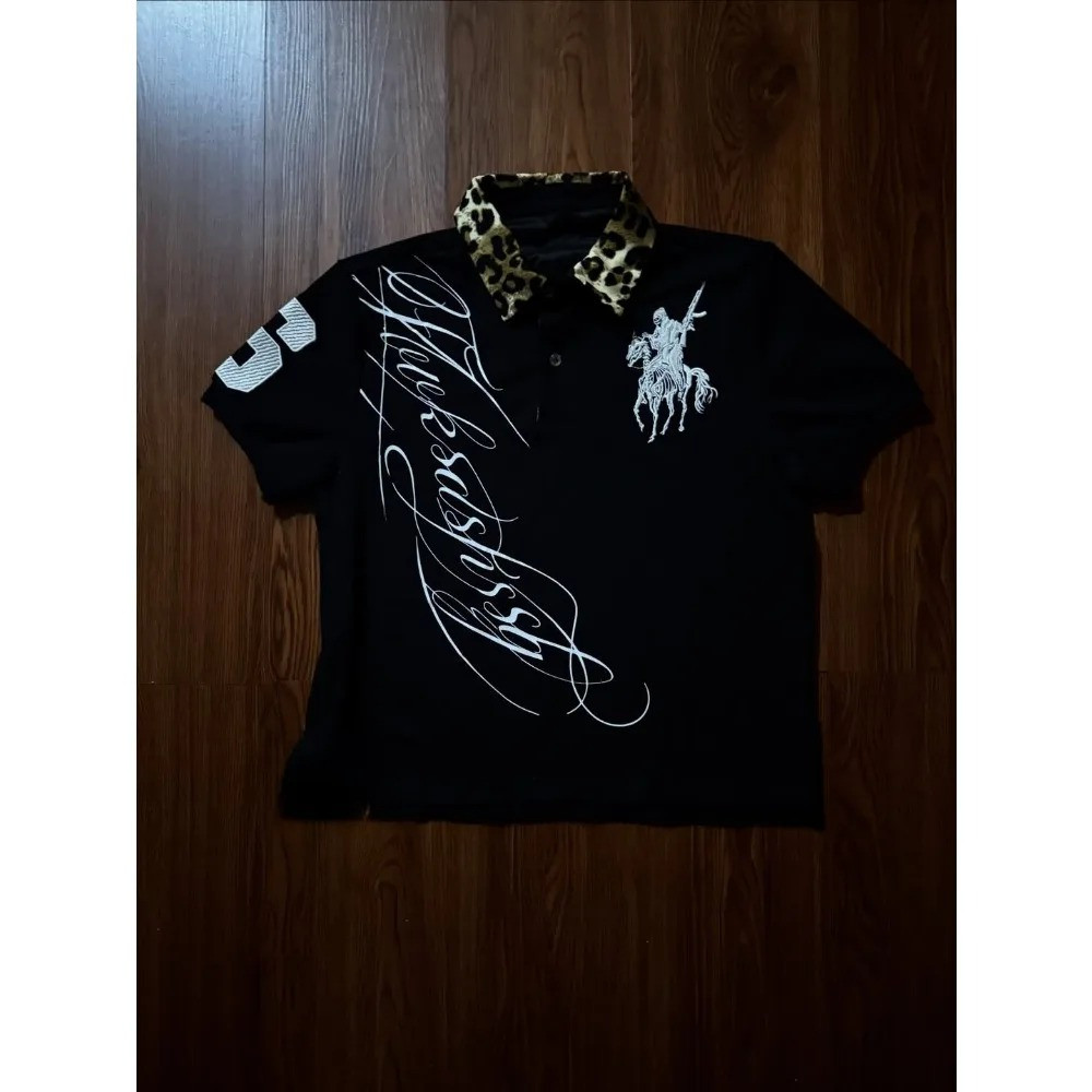 Y2K Personalizado Punk Leopard Collar Flip Top Camiseta Harajuku Bordado Solto Camisa Polo Confortável