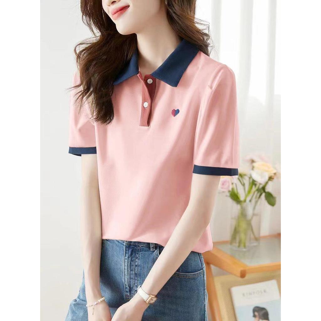 2026 novo estilo verão polo camiseta de manga curta coração bordado contraste cor costura camisa polo Flip protetor sola