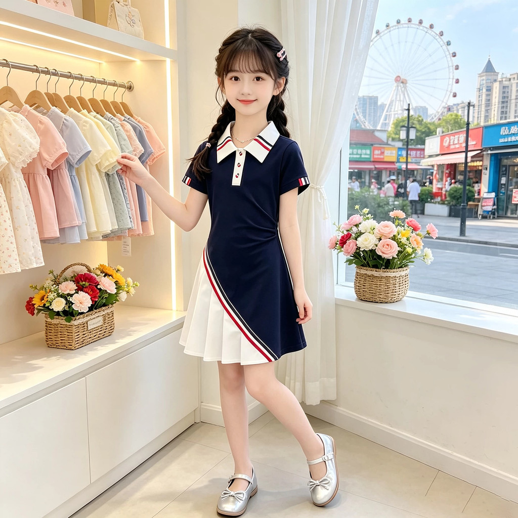 Crianças médias grandes crianças verão estilo Preppy doce princesa Flip POLO vestido