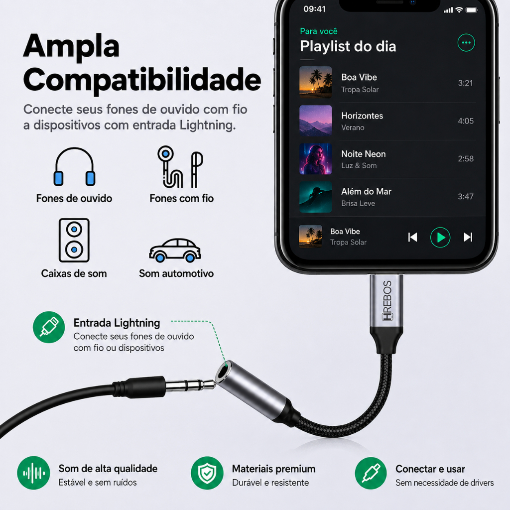 Adaptador para áudio e microfone Lightning para P2/P3 Compatível com iPhone 5 ao 14 Pro Max