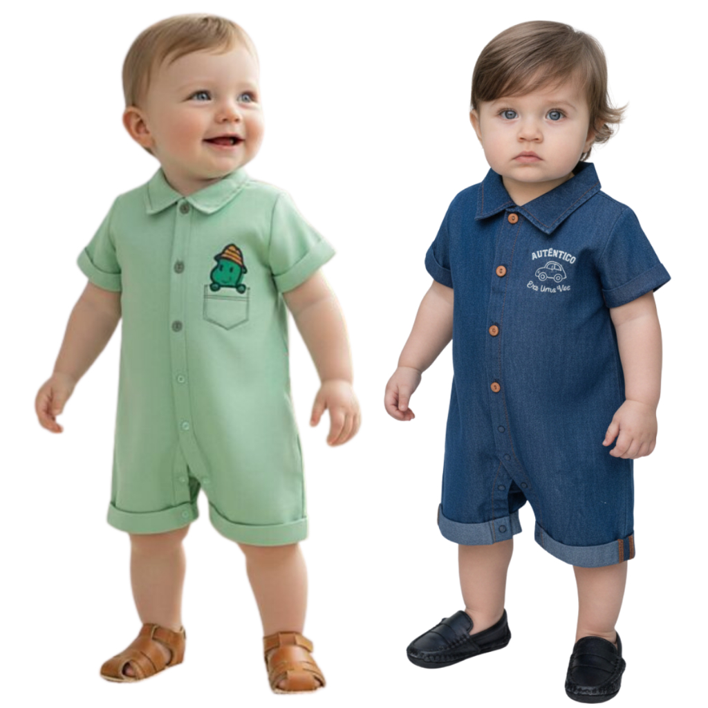 Macacão Curto Camisa Jeans Linho Romper Bebê Menino 0 a 12 Meses
