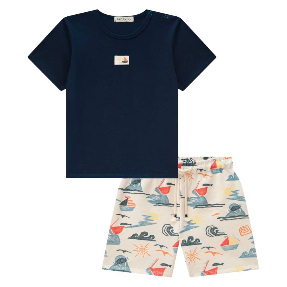 Conjunto Menino  Camiseta Malha e Bermuda em Moletom Linho LucBoo