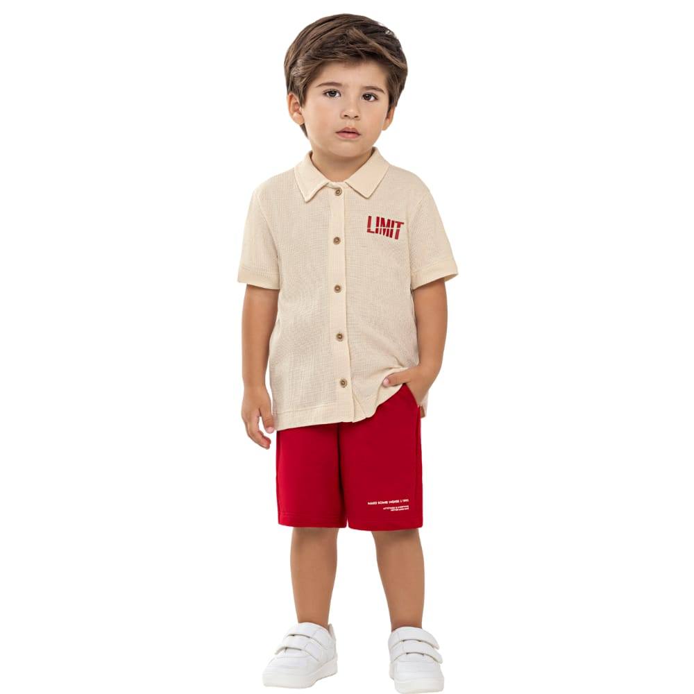 Conj.Menino Angerô Camisa Botoes e Bermuda Moletinho Linho Vermelho