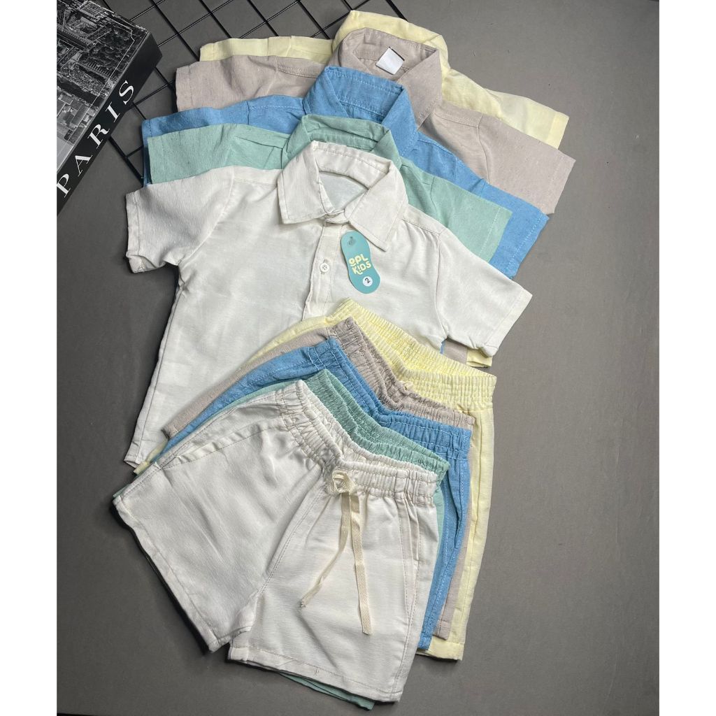 KIT 2 Conjunto Infantil Linho Camisa e Short Menino 4 Peças