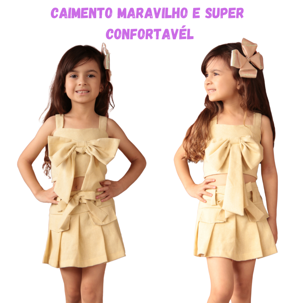 Conjunto infantil menina Linho short saia e blusa cropped laço novo modelo Tendência do Verão