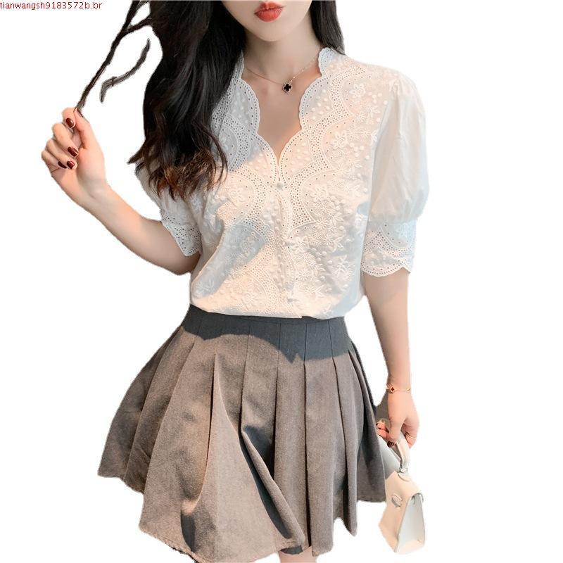 Casual Branco Tops Bordados Rendas Primavera Femme Csa Meninas Blusa Mulheres Manga Curta De Linho De Algodão