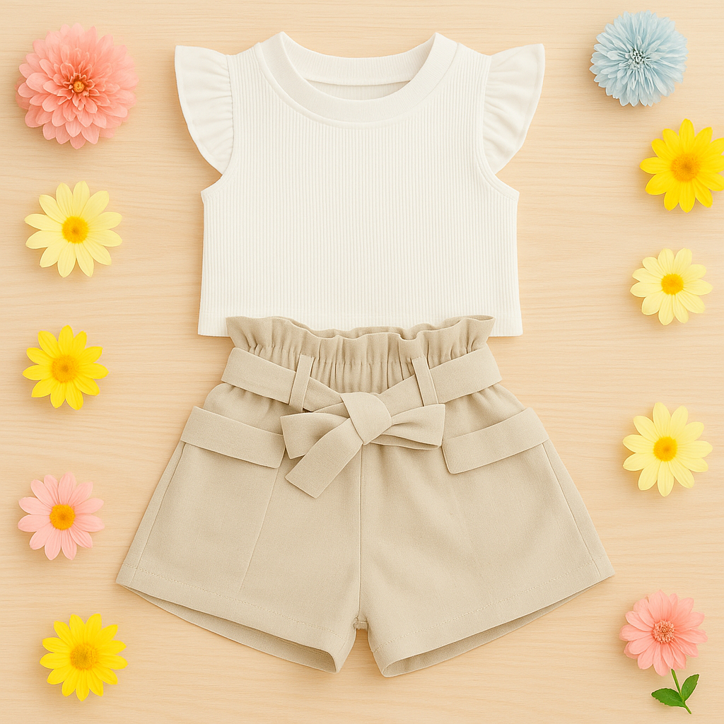 Conjunto Infantil Blusa Cropped Frufru + Shorts Linho Clochard Kit com 2 Peças Super Estiloso CJI033