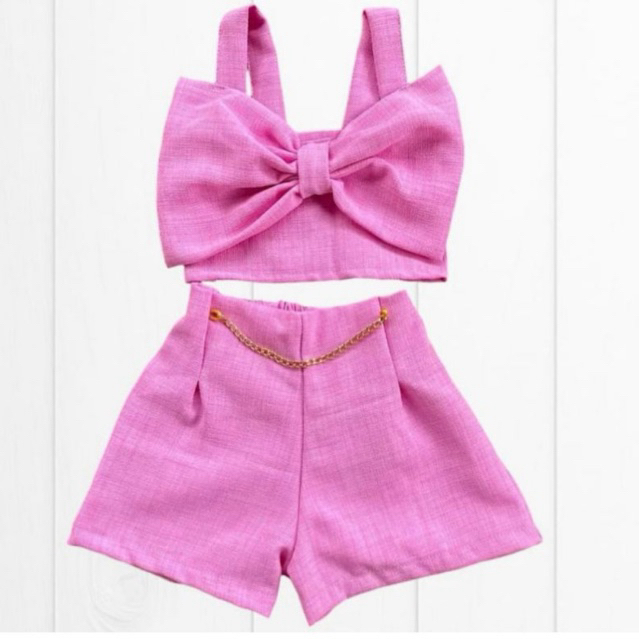 conjunto menina linho infantil juvenil laço short e blusinha 04 ao 14