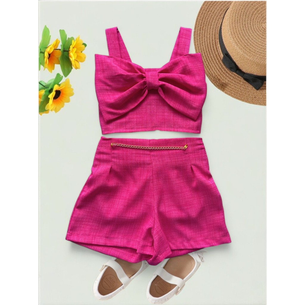 Conjunto Linho Infantil Feminino Menina de Laço Linho Premium Blusa Top Cropped com Laço e Short comCorrenteBlogueirinha