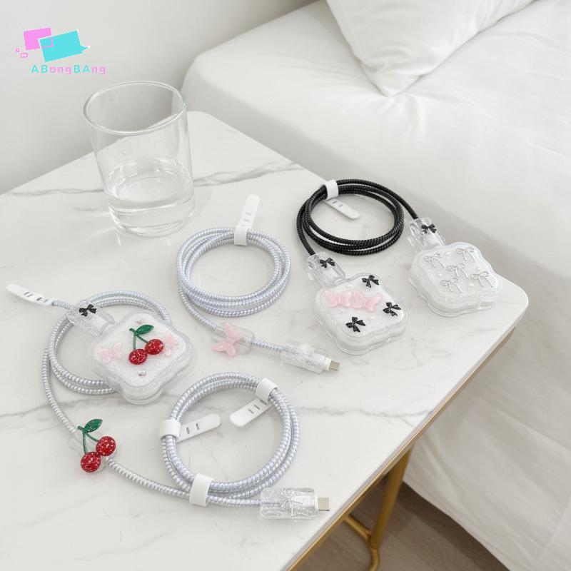 Abongbanghn Bonito Arco Decorado Carregador Cabo Protetor Conjunto Anti-Quebra Leve Saver Para Meninas Uso Escolar Agrad