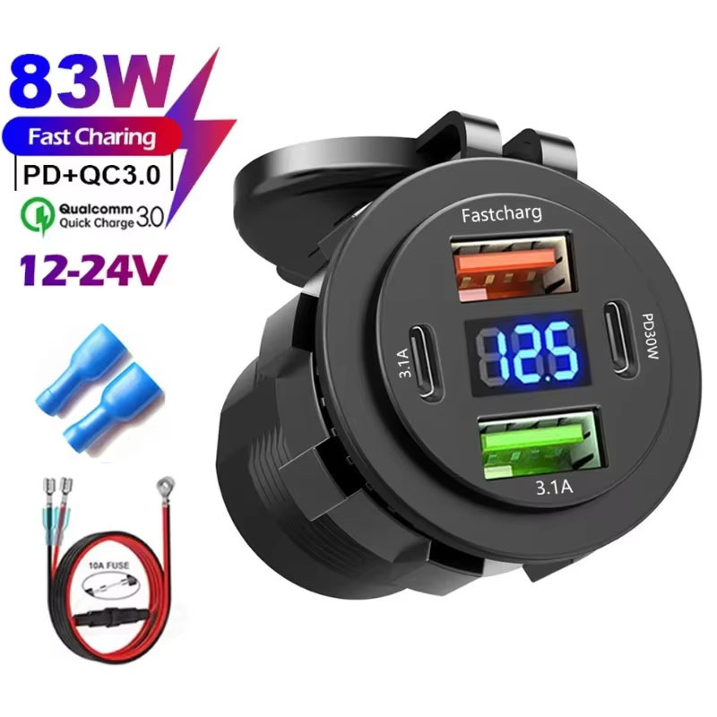 Carregador USB Para Carro PD3.0 E QC3.0 , Tomada De Carregamento Rápido Com Voltímetro , Adaptador De Energia 12/24V Mot