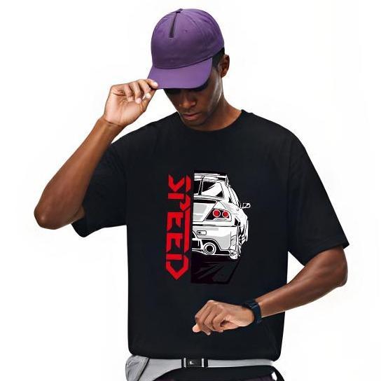 Camiseta Preta Masculina Manga Curta Estampa Carro Esportivo Speed JDM Automotivo Gola Redonda 100% Algodão