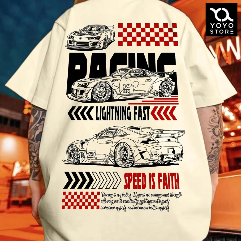 Camiseta Básica Unissex Carro Racing Lightning Fast Speed Is Faith Streetwear Jovem Lançamento Blusa 100% Algodão