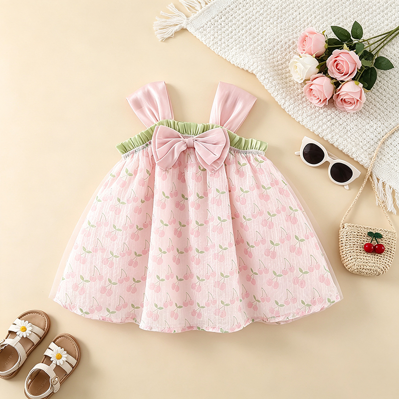 Bebê Menina Sem Mangas Vestido De Verão Doce Cereja Impressão Arco Da Criança A Linha Princesa Roupas Casuais Para Crian