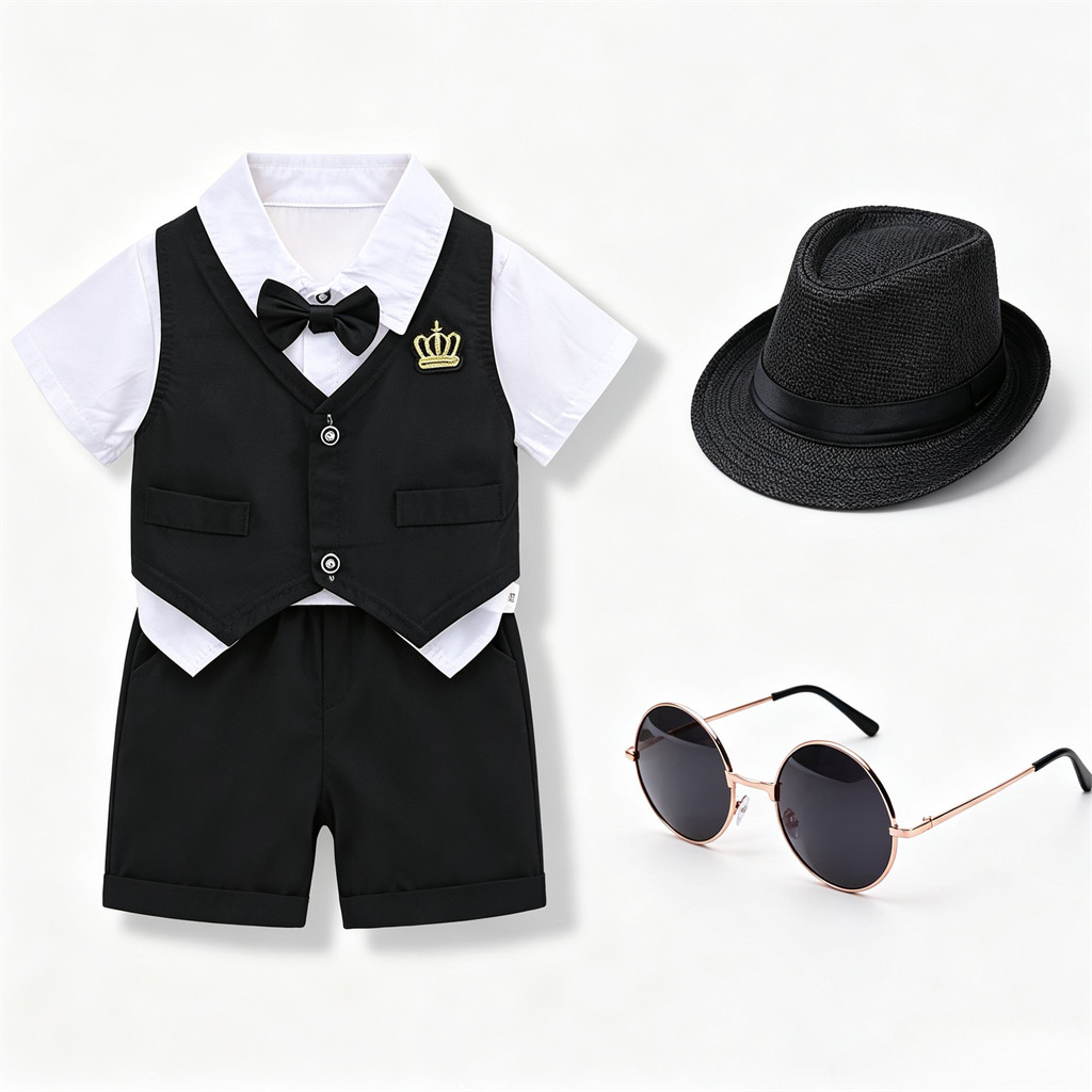 Roupa De Chefe De Bebê Para Menino , Shorts De 1 Ano , Colete Preto , Conjunto De Camisa Falsa , 2 Peças , Smoking Crian
