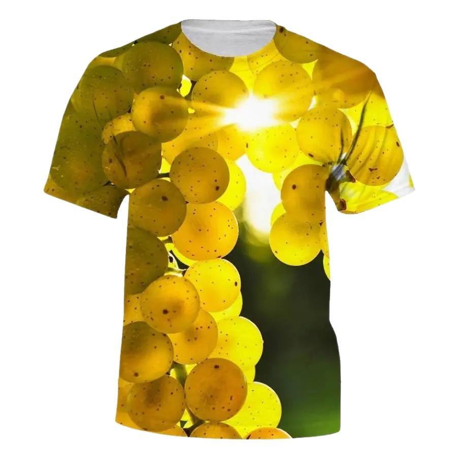 Camiseta Infantil com Tema de Uva Vermelha e Folha Verde, Estampa 3D, Gola Redonda, Manga Curta, Roupa Diária para Crian