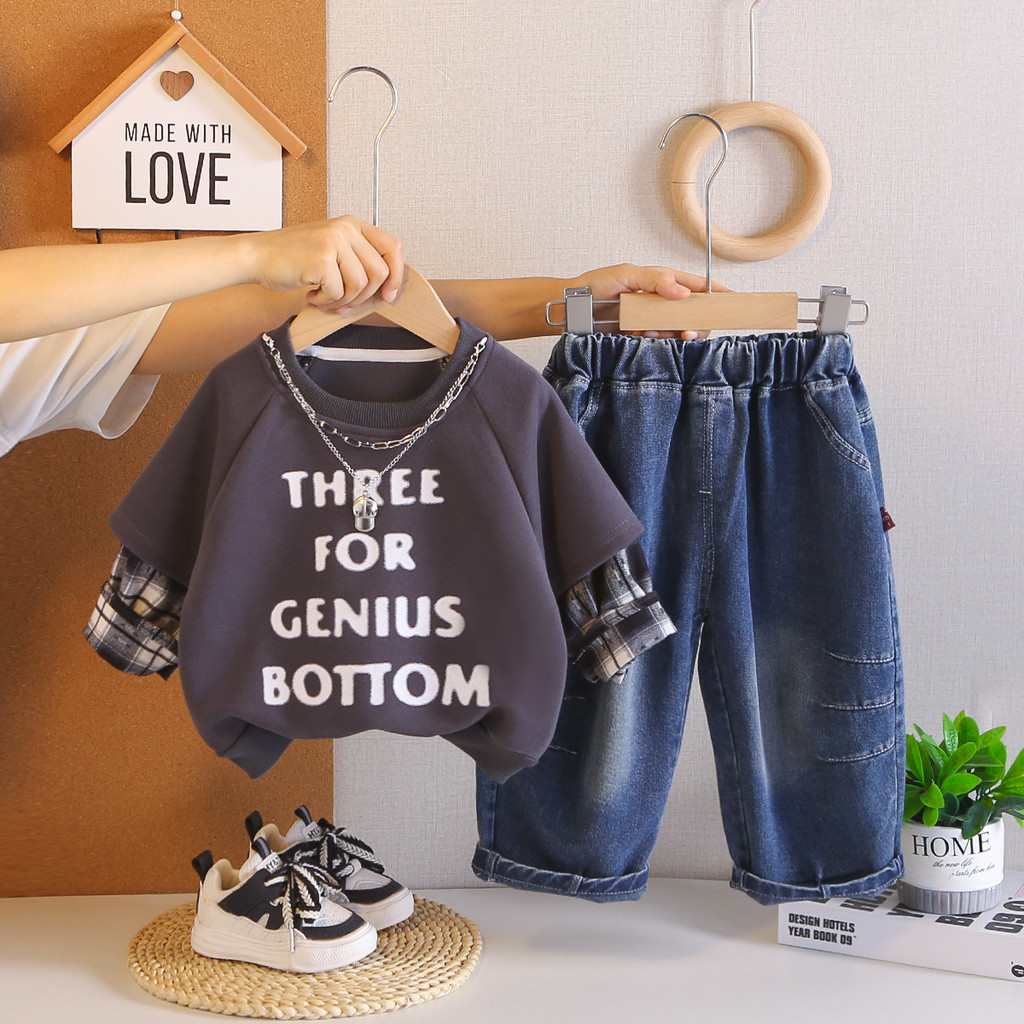 Primavera Outono Novas Roupas De Bebê Moda Ternos Alfabeto Xadrez Retalhos Manga Com Capuz + Calças Jeans 2 Pçs Da Crian