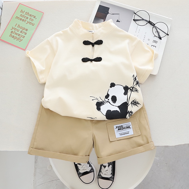 Meninos Conjuntos De Algodão Verão Roupas Infantis Panda Impressão Camiseta Shorts 2 Pçs Tang Casuais cny Ano Novo Crian