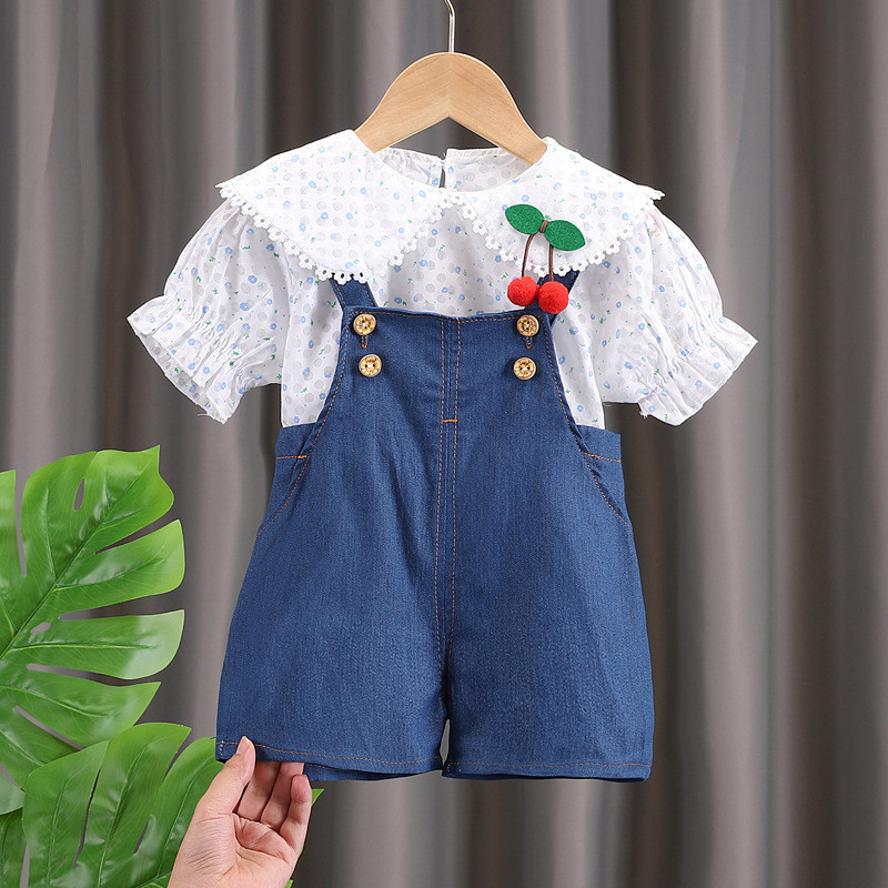 Novas Crianças Verão Bebê Meninas Roupas Camisa Floral Impressa Completa Com Cereja Denim Babador Calças 2 Pçs/Set Crian