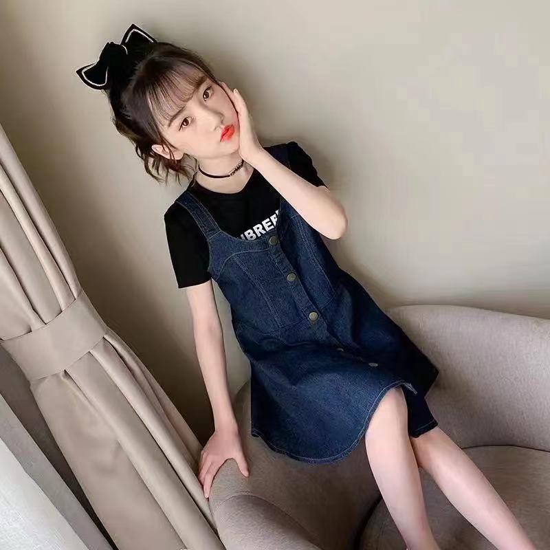 Meninas Denim cinta saia 2022 novo estilo primavera verão terno de duas peças meninas roupas de verão médio grande crian