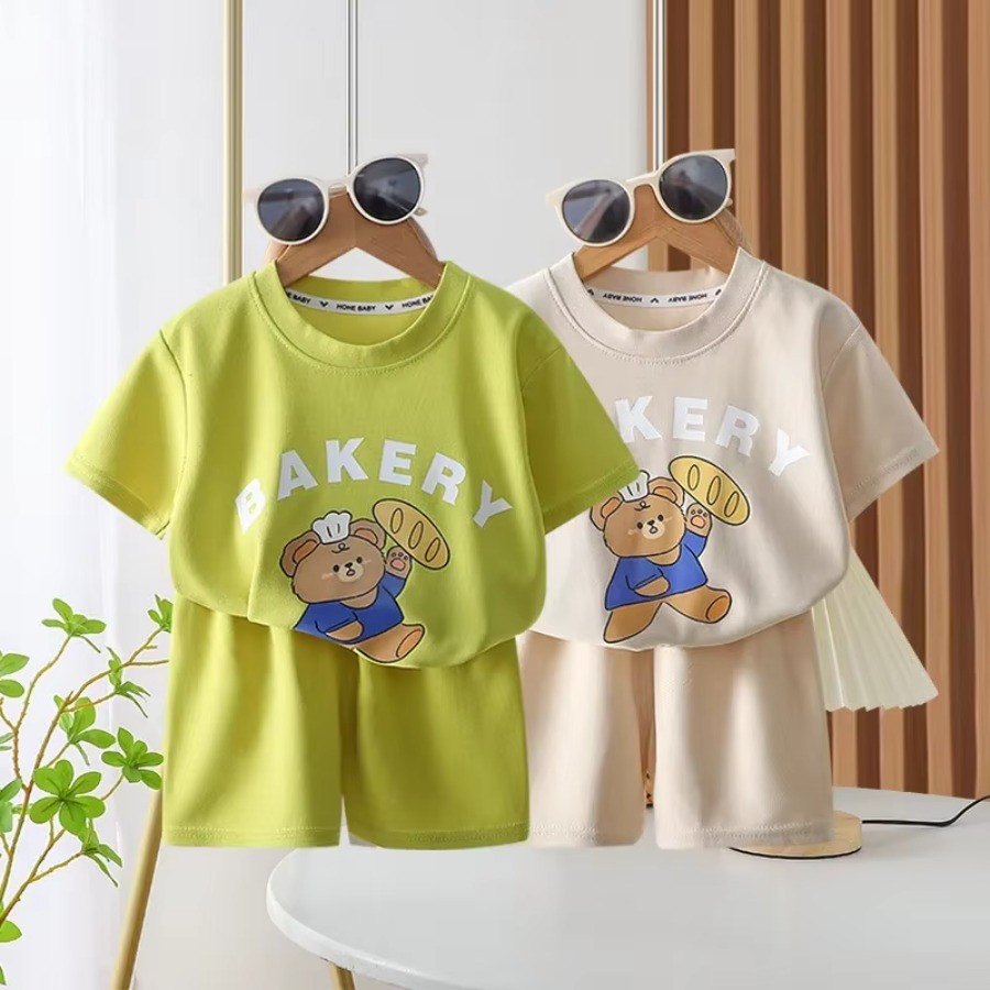 Conjuntos De Roupas Infantis Com Estampa De Urso De Desenho Animado , Top De Manga Curta + Shorts , 2 Peças , Para Crian