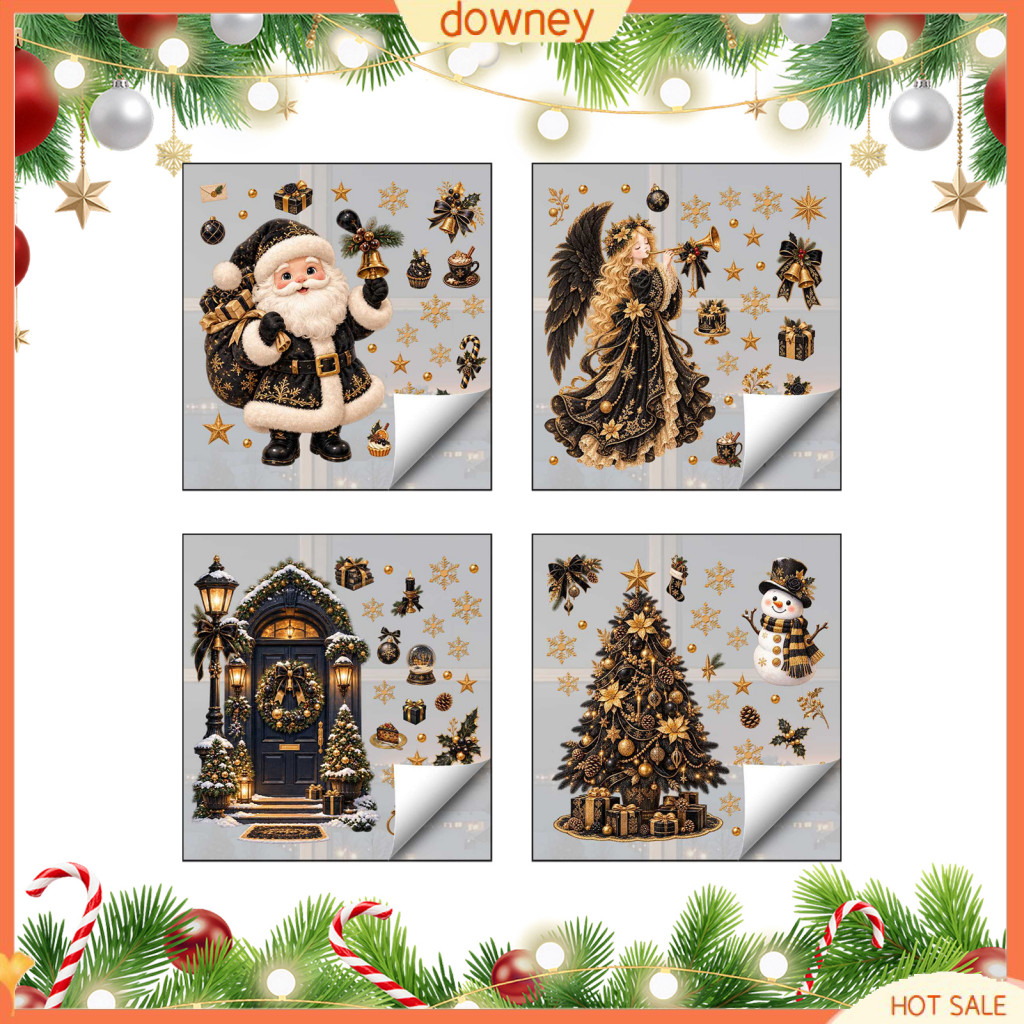 Christmas Window Clings Black Gold Santa Claus Angel Xmas Tree Street Lamp Reusable Pvc Static Double-sided Decal Holida