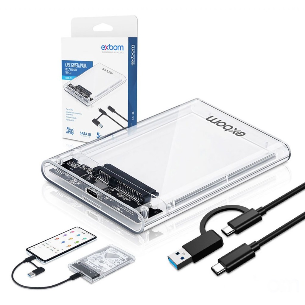 Case Gaveta Hd Externo Exbom 2.5 Usb 3.1 Type C Cghd-70 Transparente