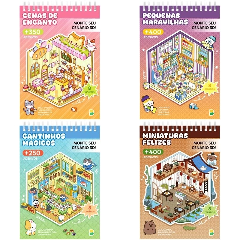 Livro Pequeno Mundo 3D Até 4 Títulos e + de 1000 Adesivos, Monte Cenários 3D Educativo e Criativo
